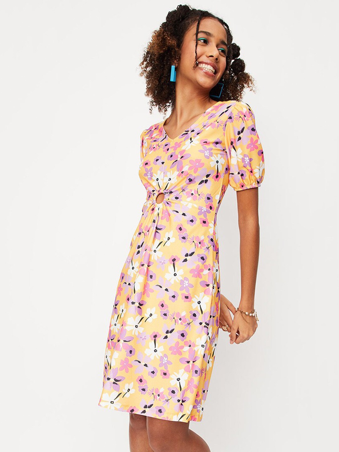 

max Floral Cut Out Detail A-Line Dress, Yellow