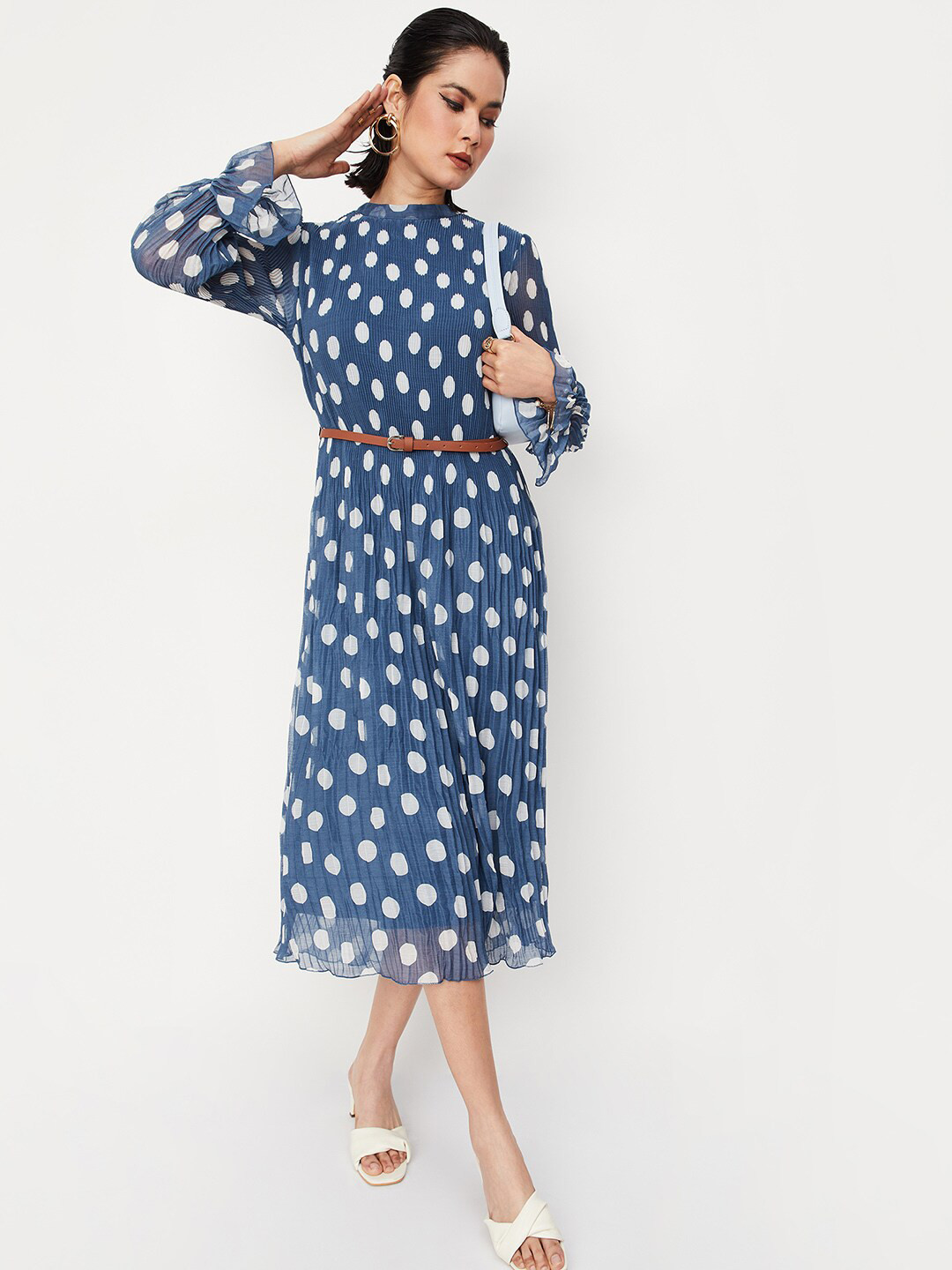 

max Polka Dots Printed Accordion Pleats Fit & Flare Midi Dress, Blue