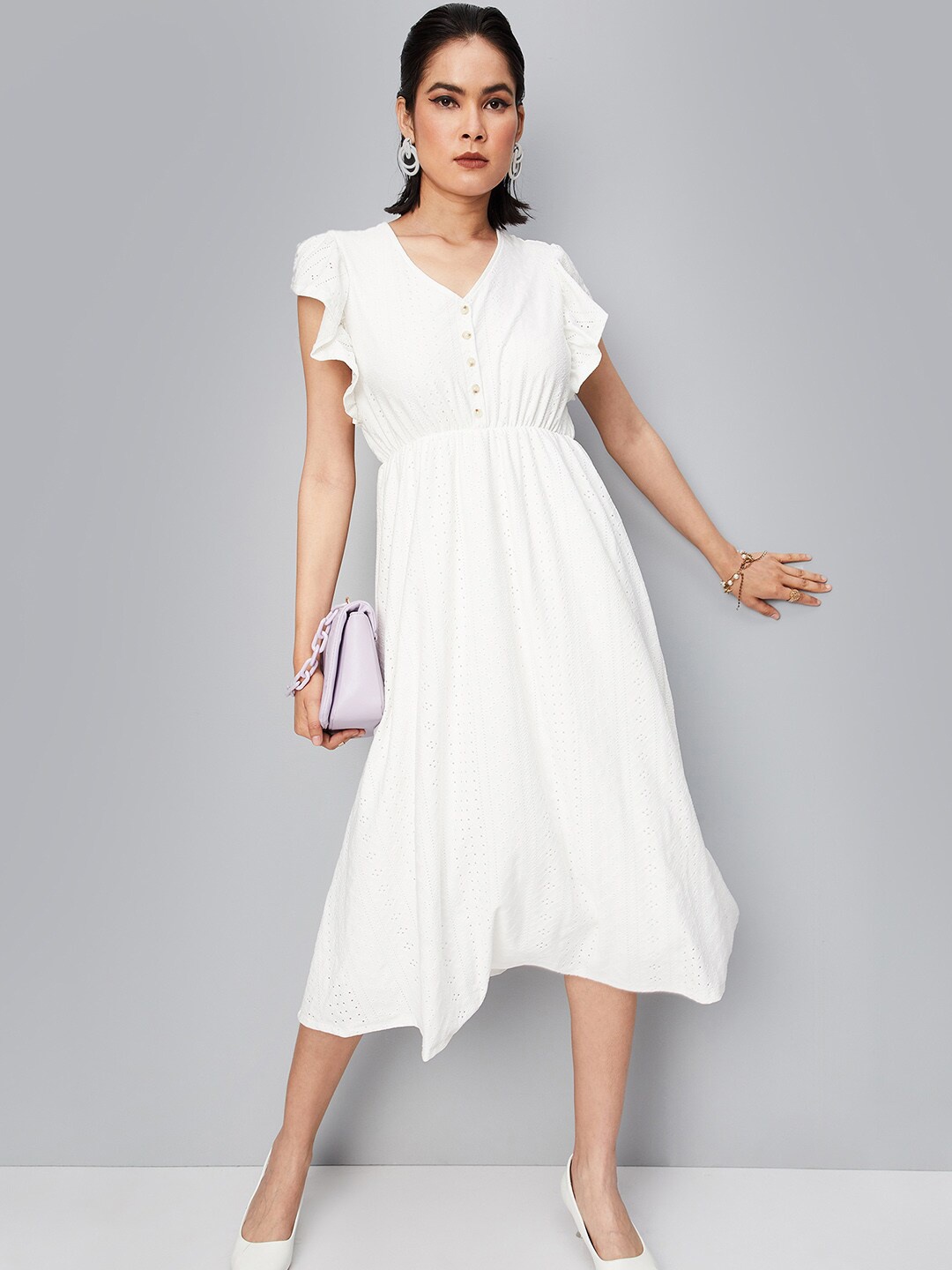 

max Schiffli Flutter Sleeve Tie Up Detail Midi Dress, White