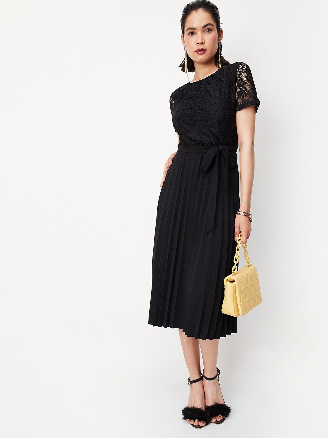 

max Self Design Accordion Pleats Belted Dress, Black