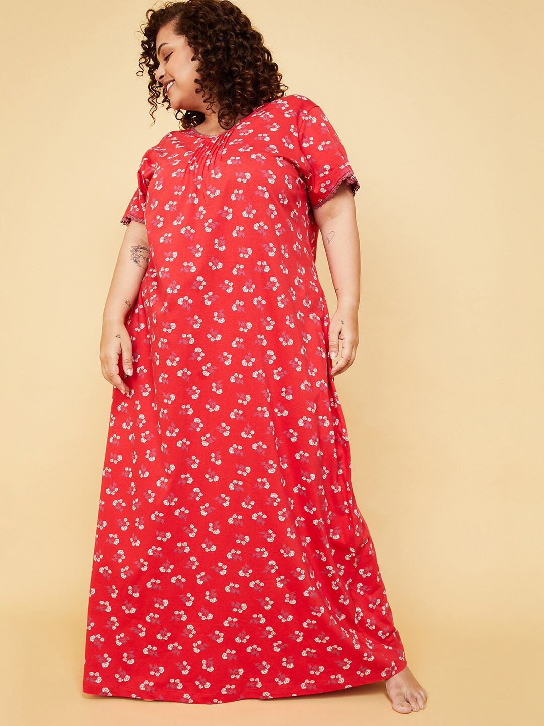 

max V-Neck Printed Maxi Pure Cotton Nightdress, Red