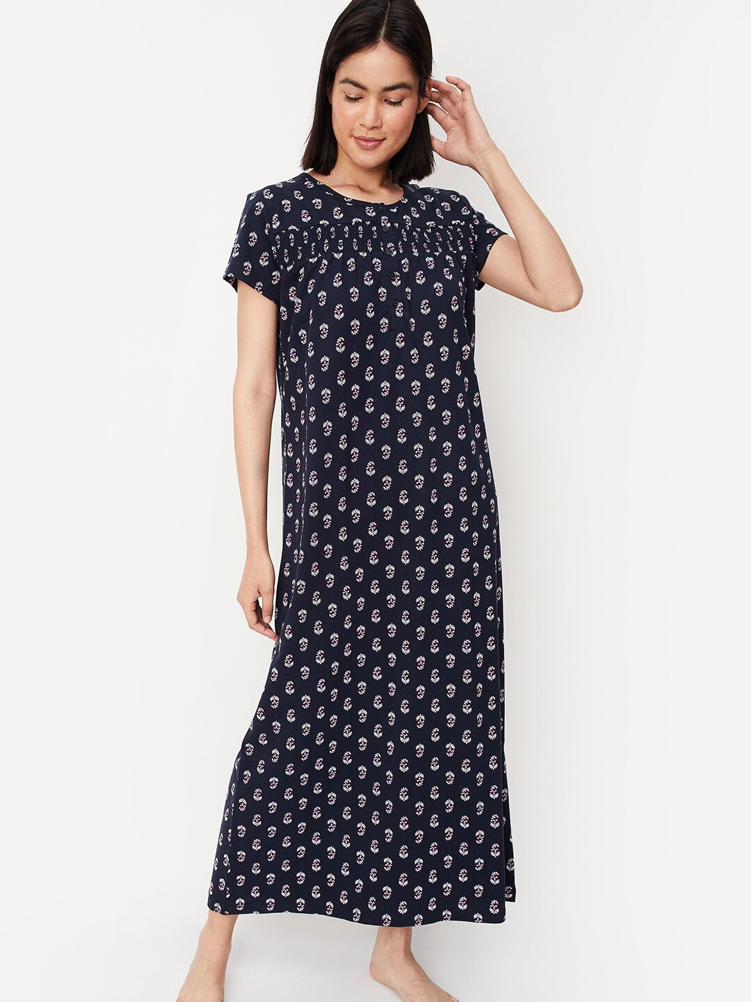 

max Floral Printed Pure Cotton Maxi Nightdress, Navy blue