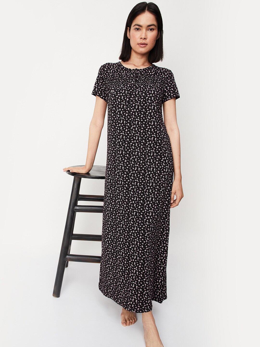 

max Floral Printed Pure Cotton Maxi Nightdress, Black