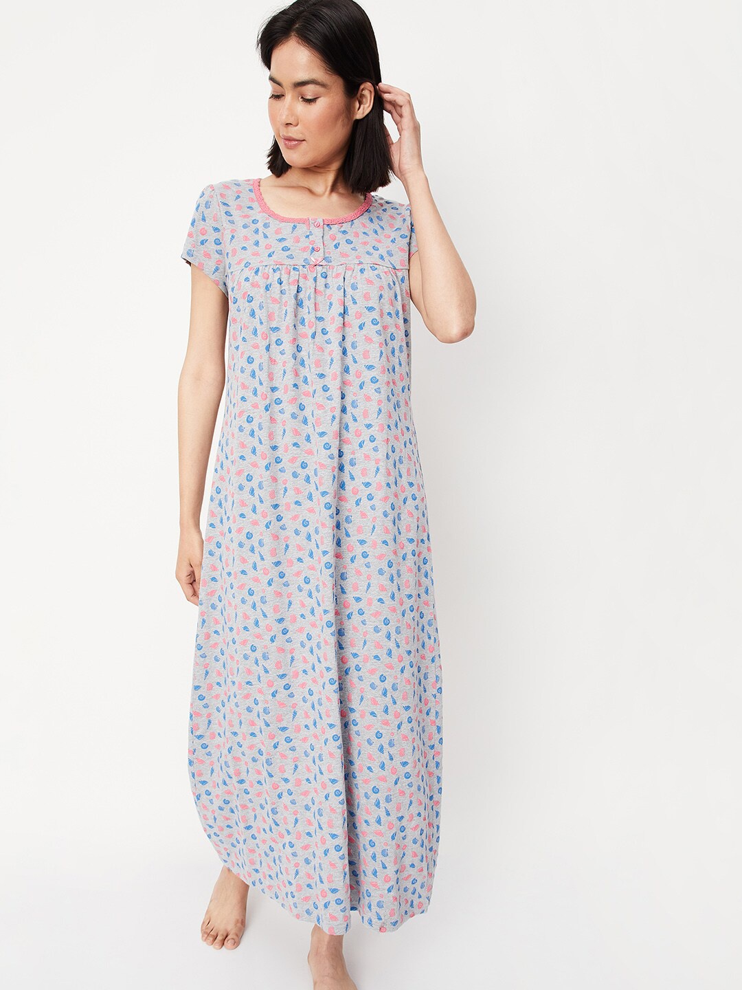 

max Round Neck Conversational Printed Cotton Maxi Nightdress, Grey