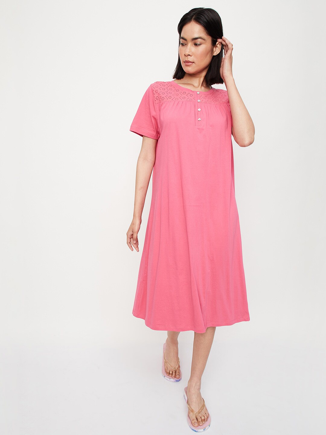 

max Round Neck Pure Cotton Nightdress, Coral