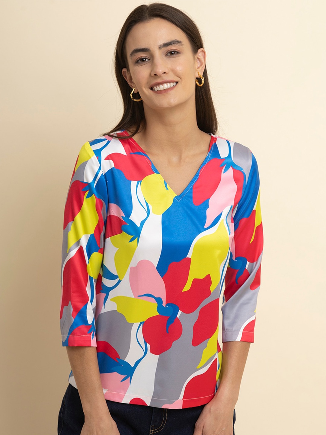 

FableStreet V-Neck Printed Satin Top, Blue