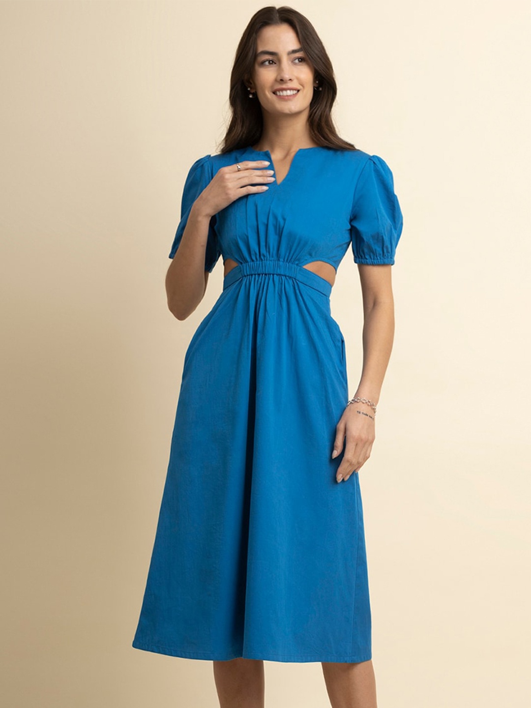 

FableStreet Notched Neck Cut-Out Detail Cotton Fit & Flare Midi Dress, Blue