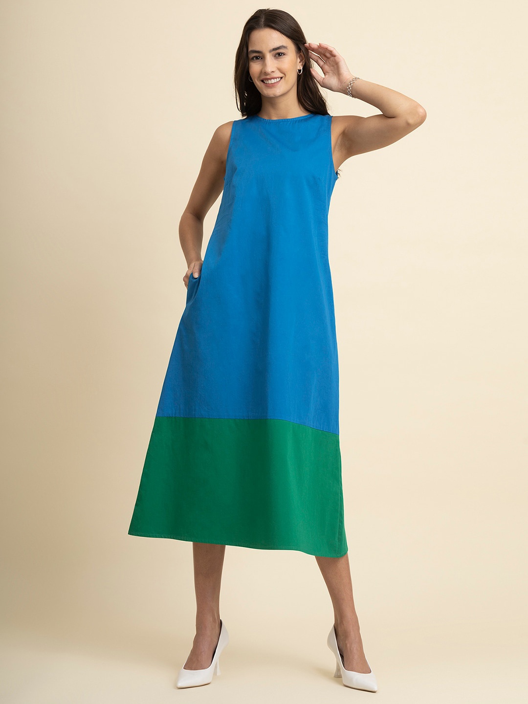 

FableStreet Colourblocked Boat Neck Sleeveless Dress, Blue