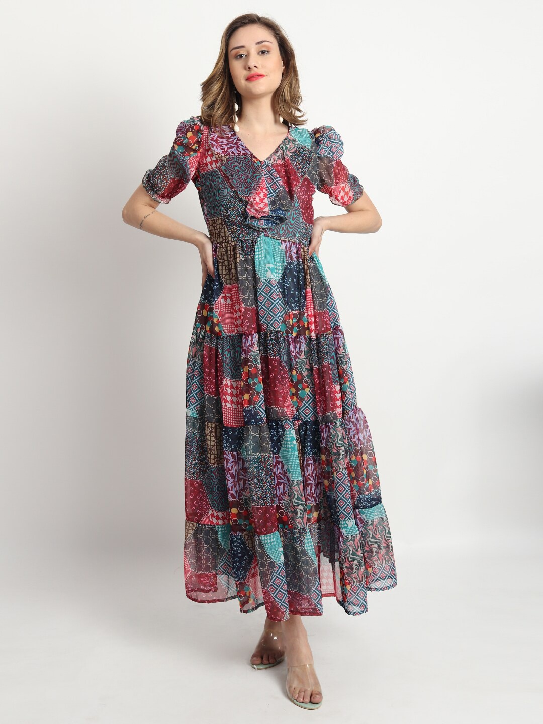 

ISAM V-Neck Puff Sleeves Floral Maxi Dress, Grey