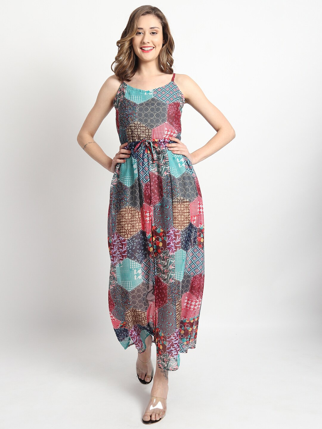 

ISAM Geometric Printed Shoulder Strap Fit & Flare Maxi Dress, Grey