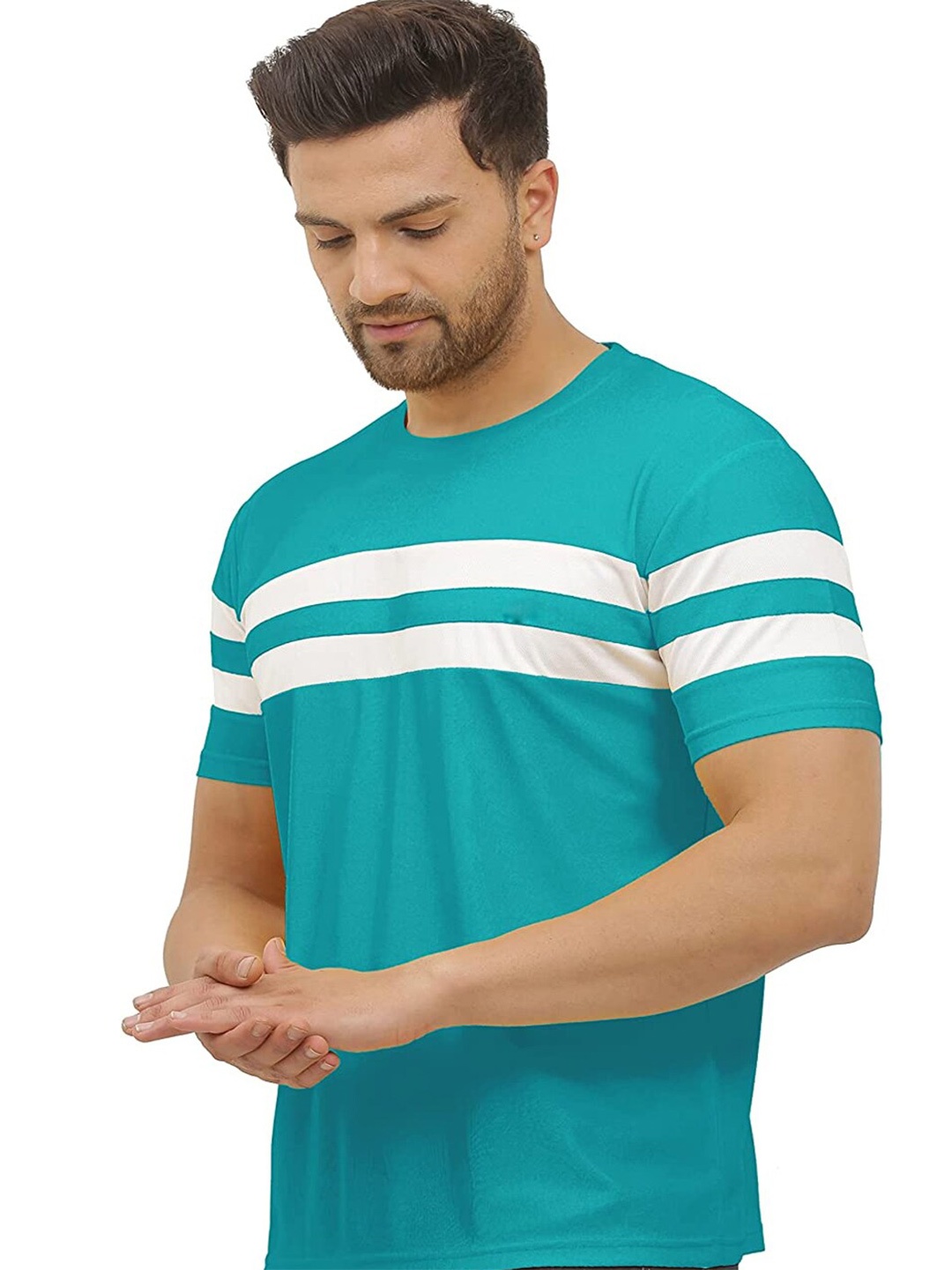 

CLAFOUTIS Men Sea Green Striped Applique T-shirt