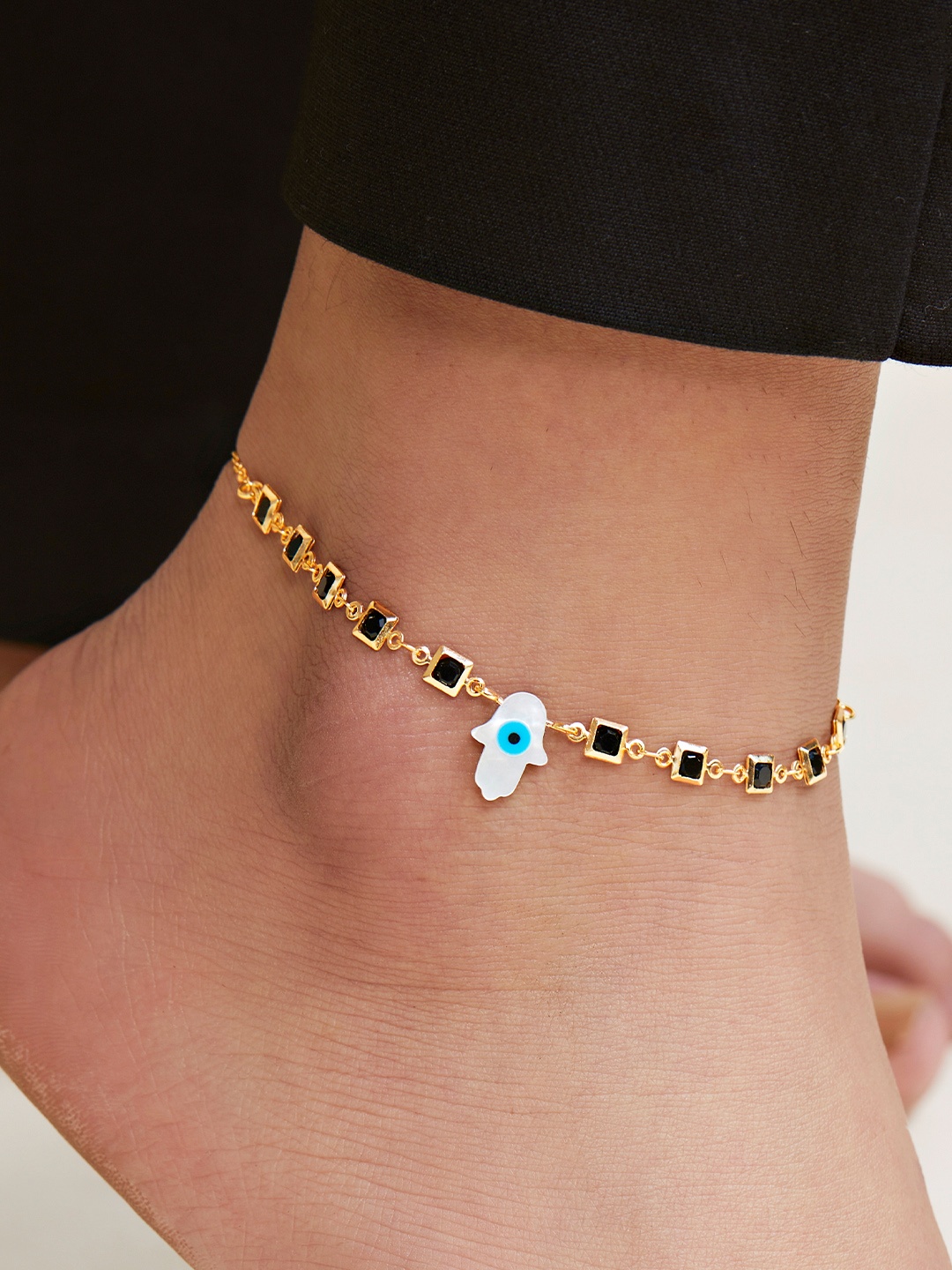 

MINUTIAE Gold-Plated Adjustable Chain With Hamsa Symbol Anklet, Black