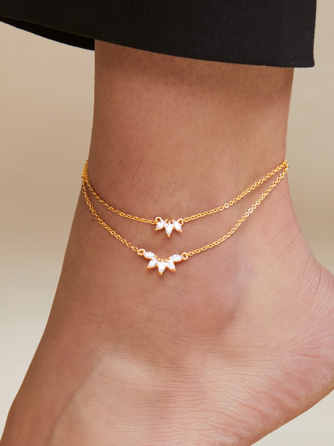 

MINUTIAE Gold-Plated Crystals-Studded Layered Anklet, White