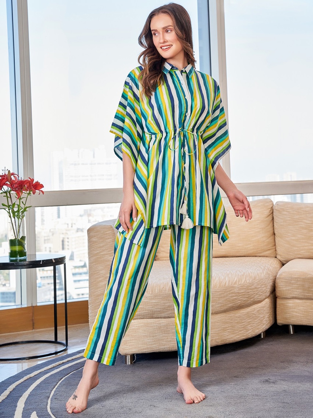 

SANSKRUTIHOMES Striped Pure Cotton Kaftan Night Suit, Green