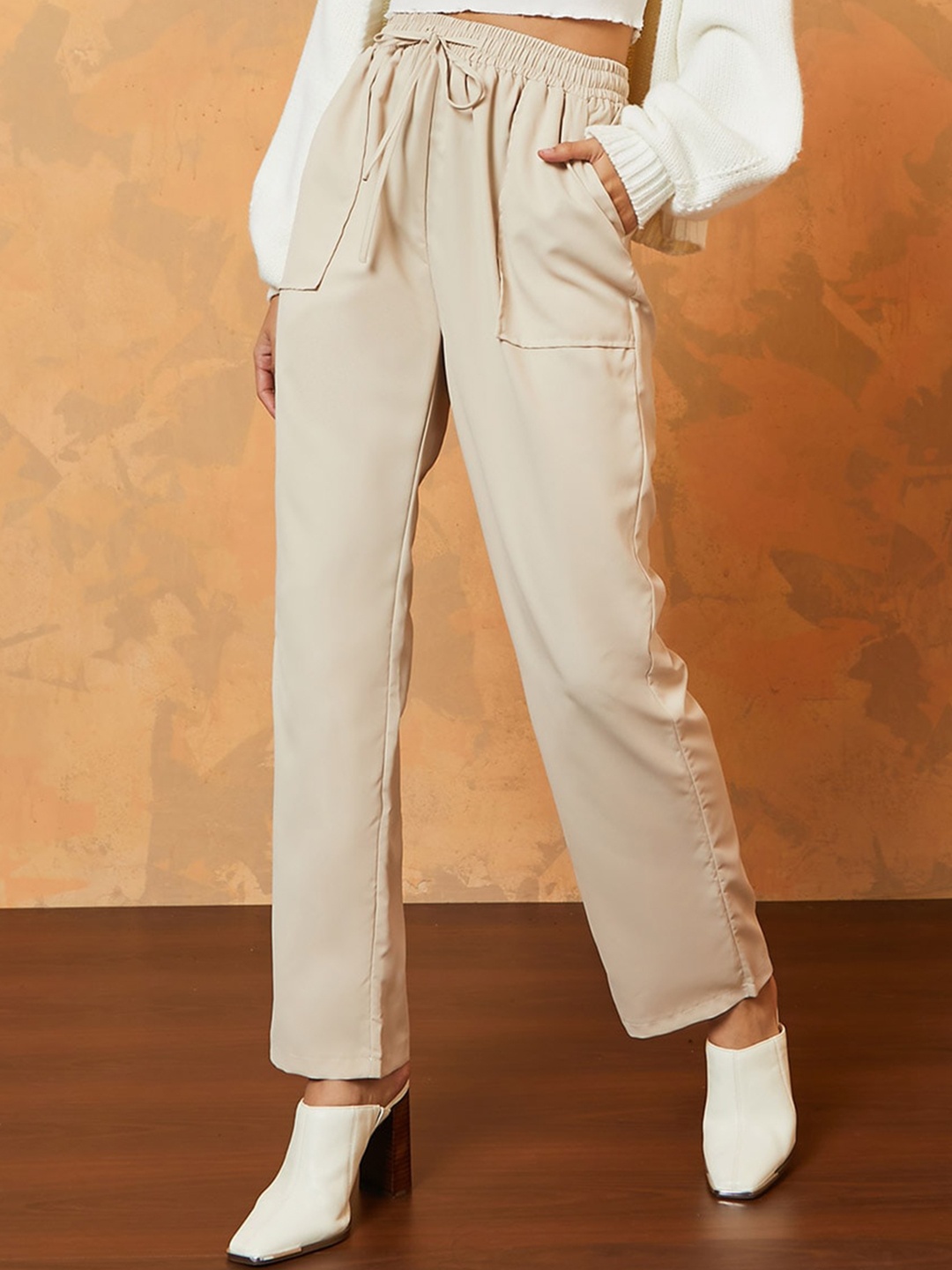 

Styli Women Straight Fit High-Rise Trousers, Beige