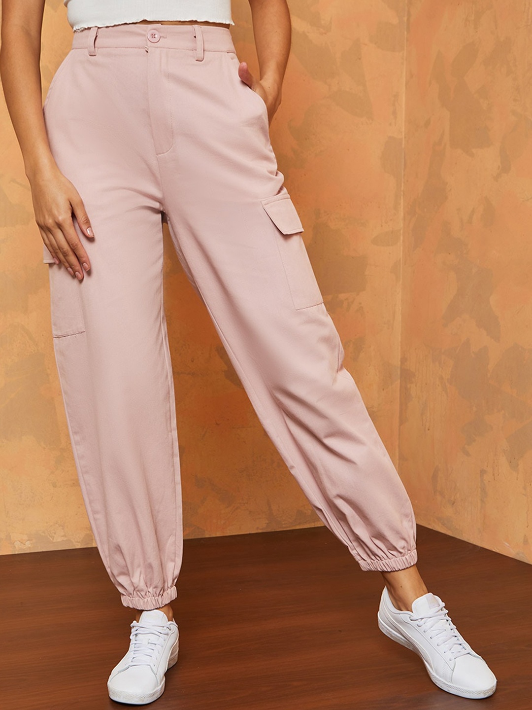 

Styli Women Solid High Rise Cargo Style Joggers, Pink