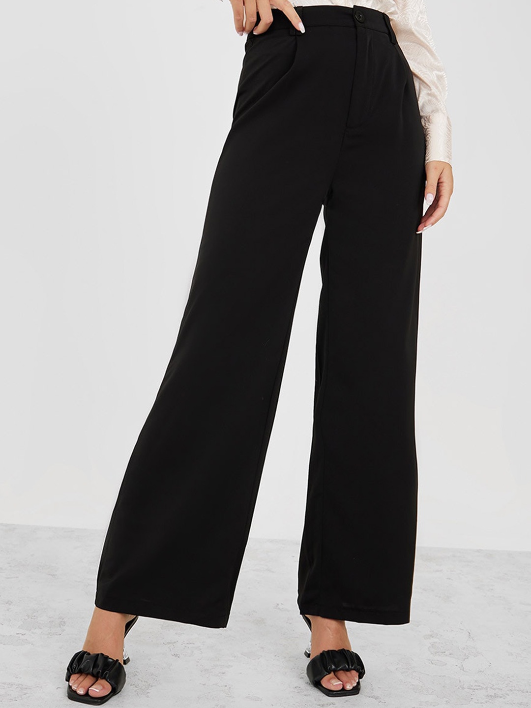 

Styli Women Wide Leg High Rise Pleated Woven Formal Trousers, Black