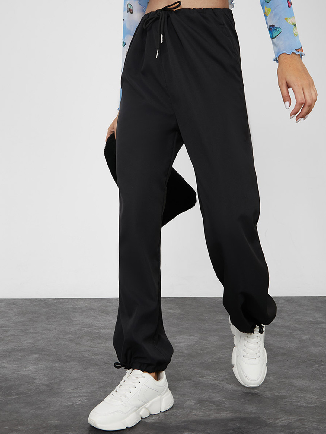 

Styli Women Drawstring High Waist Wide Leg Trousers, Black
