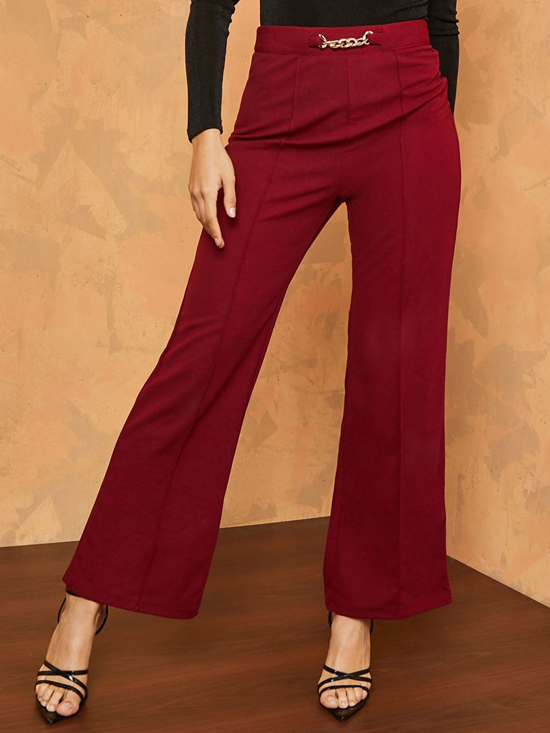 

Styli Women 2 Way Stretch High Waist Belt Detail Wide Leg Trouser, Burgundy