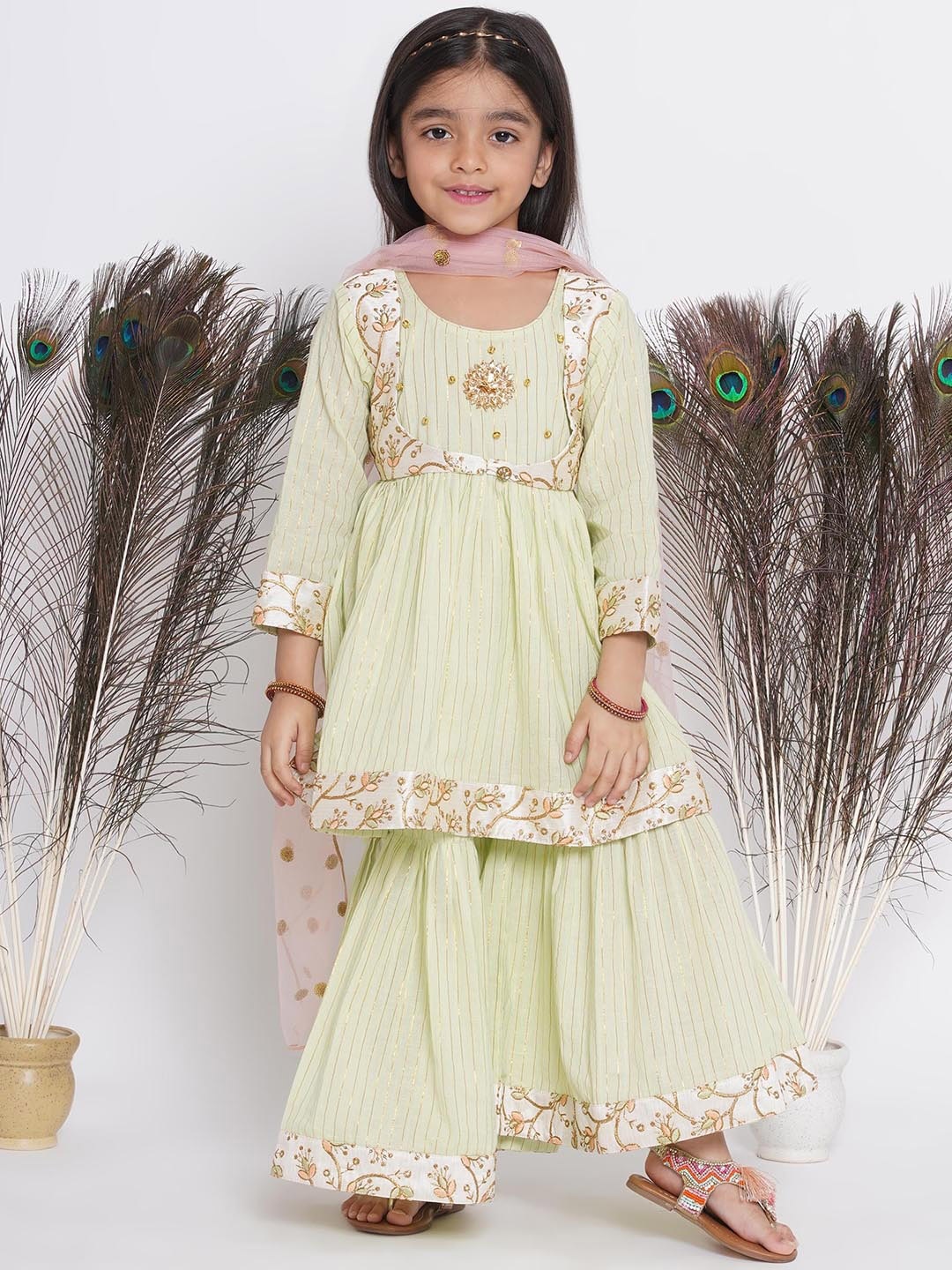 

Little Bansi Girls Striped Pure Cotton Kurta, Sharara with Dupatta & Jacket, Green