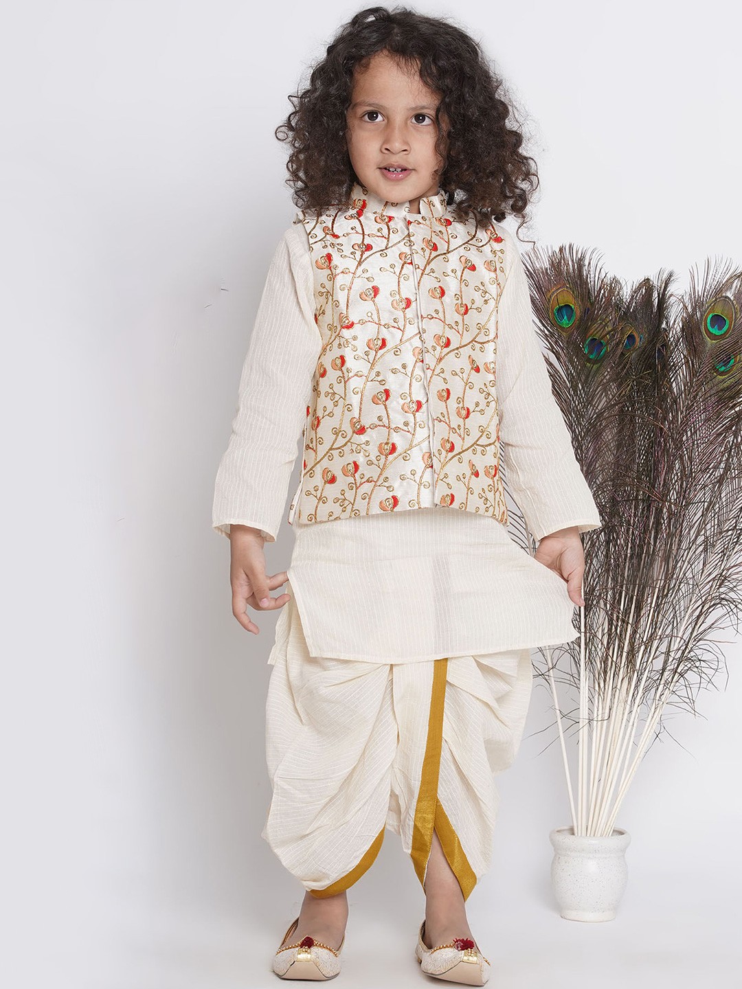 

Little Bansi Boys Striped Kantha Work Pure Cotton Kurta with Pyjamas & Jacket, Cream
