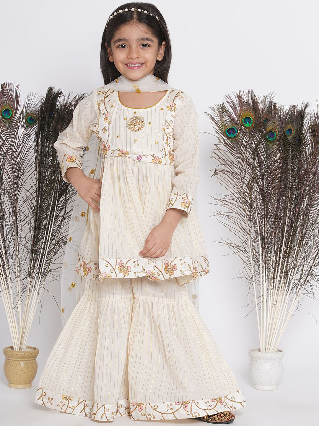 

Little Bansi Girls Cream-Coloured Floral Embroidered Pleated Pure Cotton Kurta with Sharara & With Dupatta
