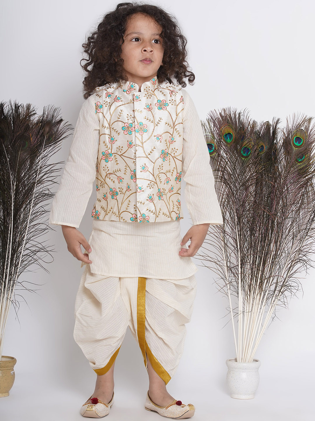 

Little Bansi Boys Striped Kantha Work Pure Cotton Kurta with Pyjamas & Jacket, Cream