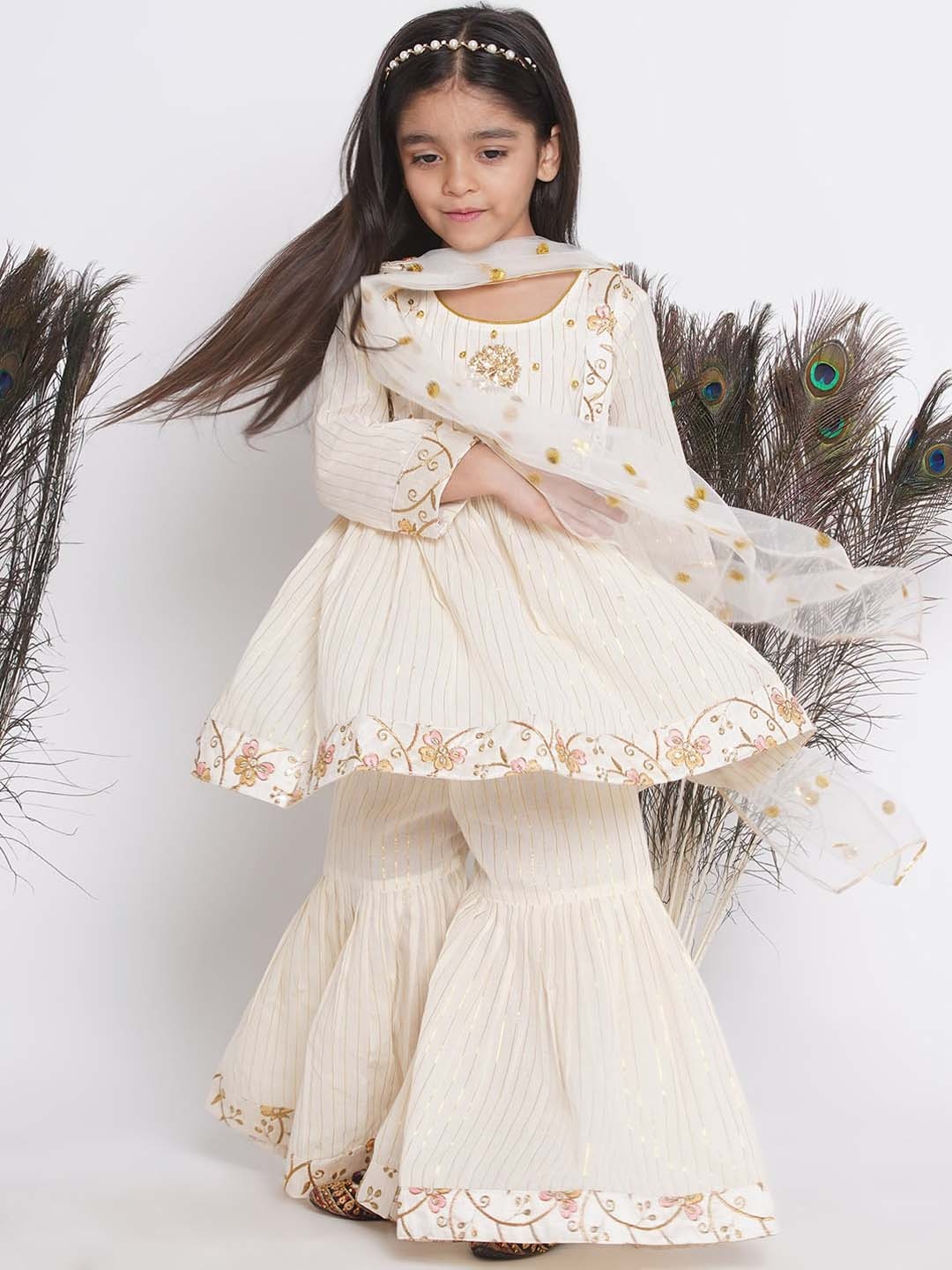 

Little Bansi Girls Cream-Coloured Floral Embroidered Empire Beads and Stones Pure Cotton Kurta with Sharara