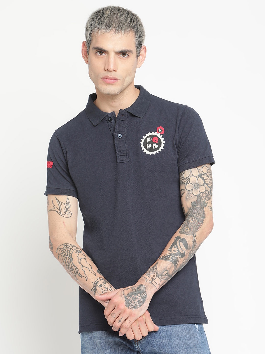 

PUNK Men Navy Blue Polo Collar Applique T-shirt