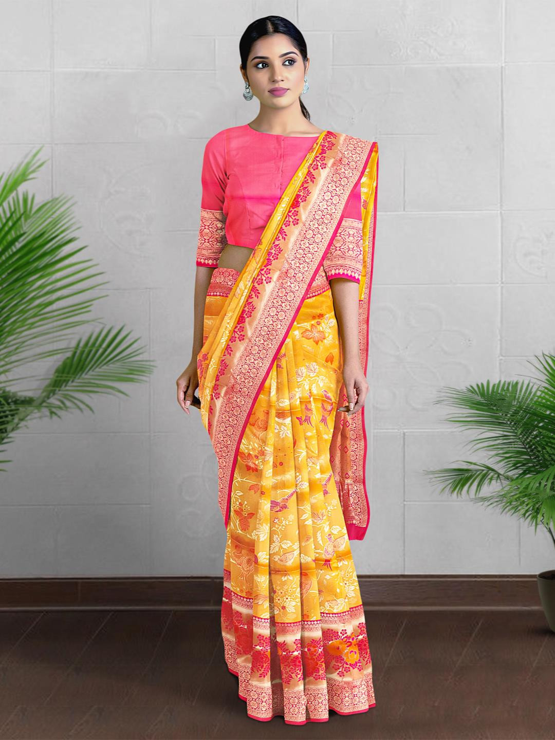 

Kalamandir Floral Printed Zari Banarasi Saree, Yellow