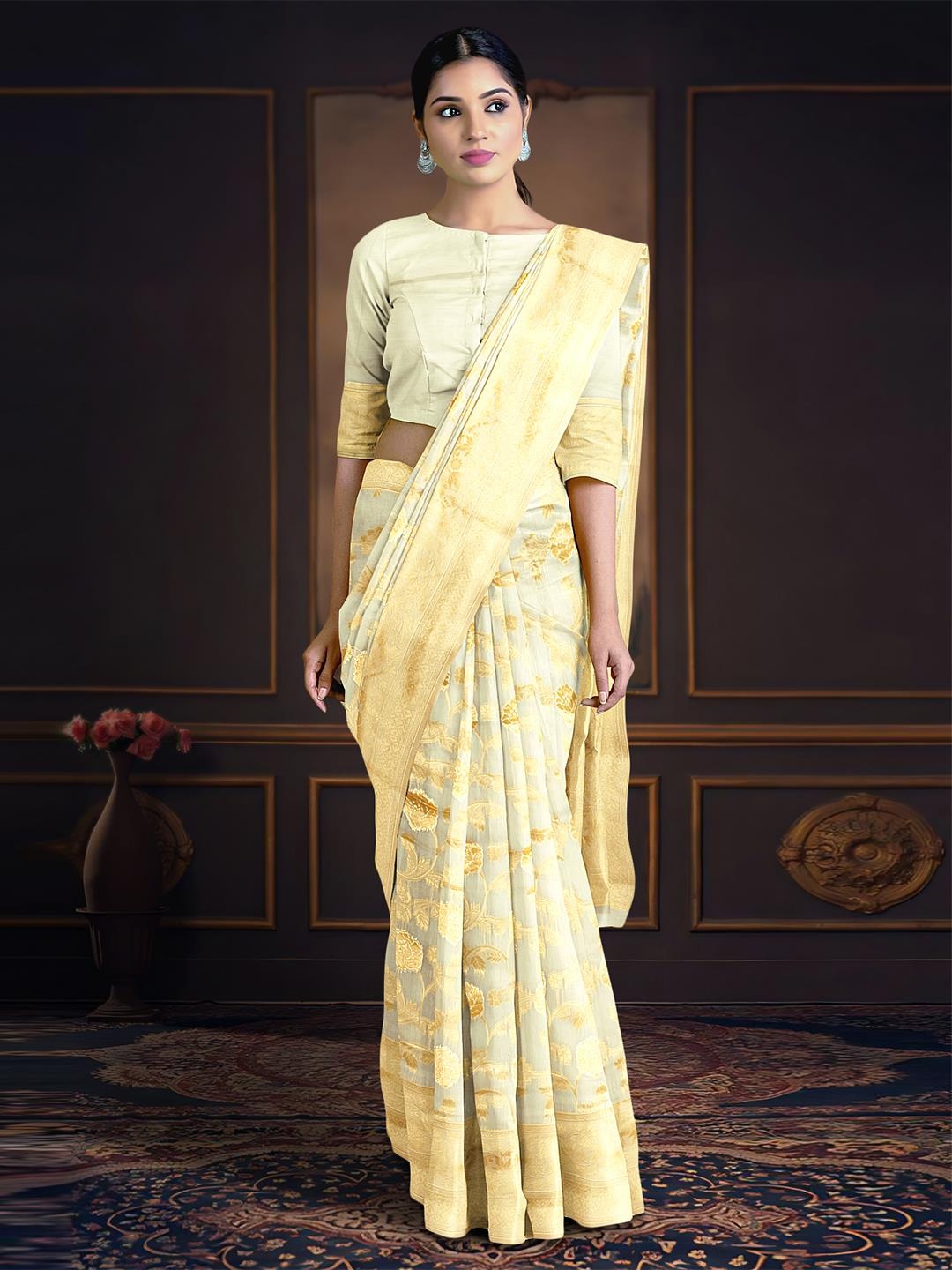 

Kalamandir Floral Woven Design Zari Saree, Off white