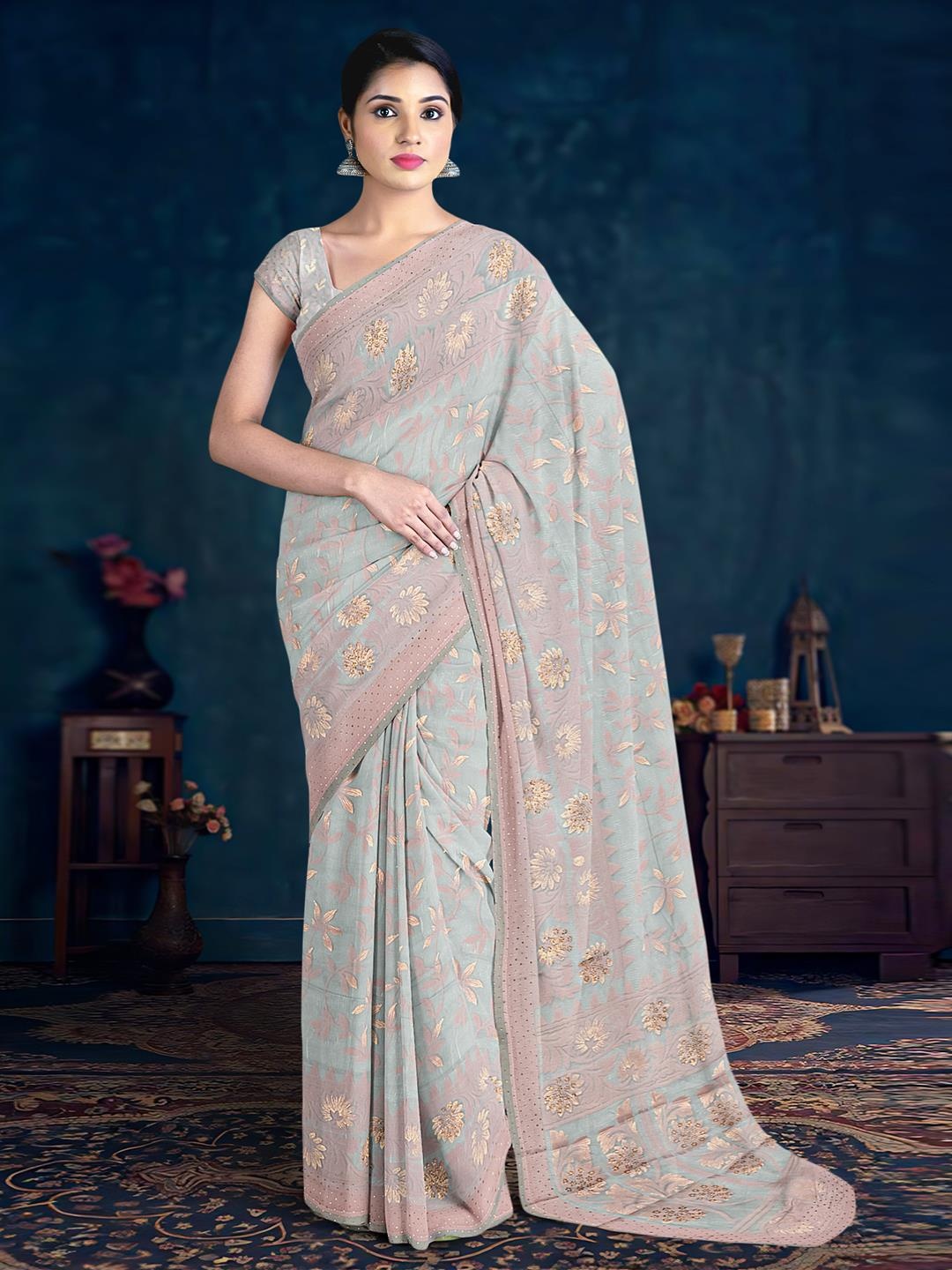 

Kalamandir Floral Printed Beads & Stones Embellished Saree, Grey