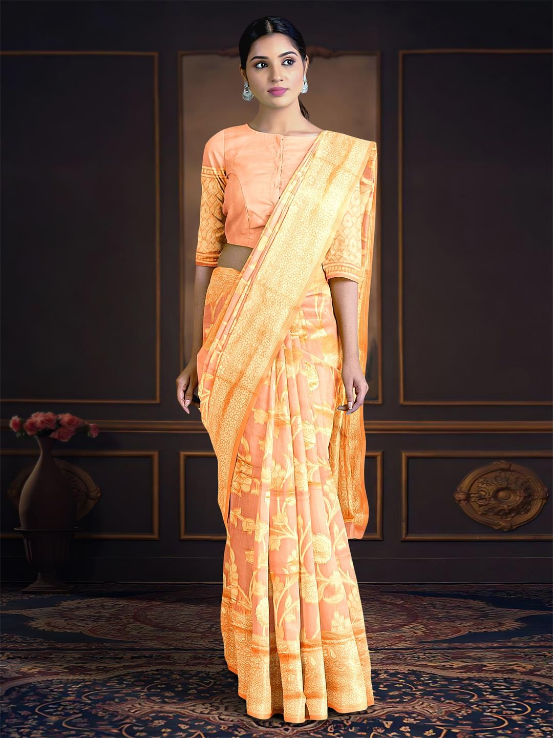 

Kalamandir Floral Woven Design Zari Saree, Peach