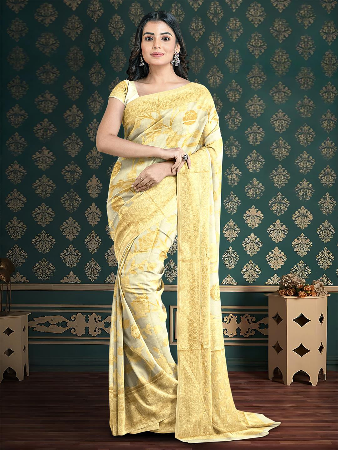 

Kalamandir Floral Woven Design Zari Saree, White