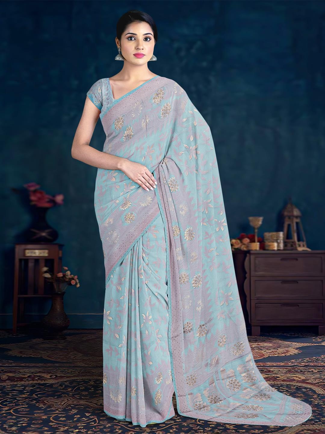 

Kalamandir Floral Sequinned Embellished Woven Design Saree, Blue