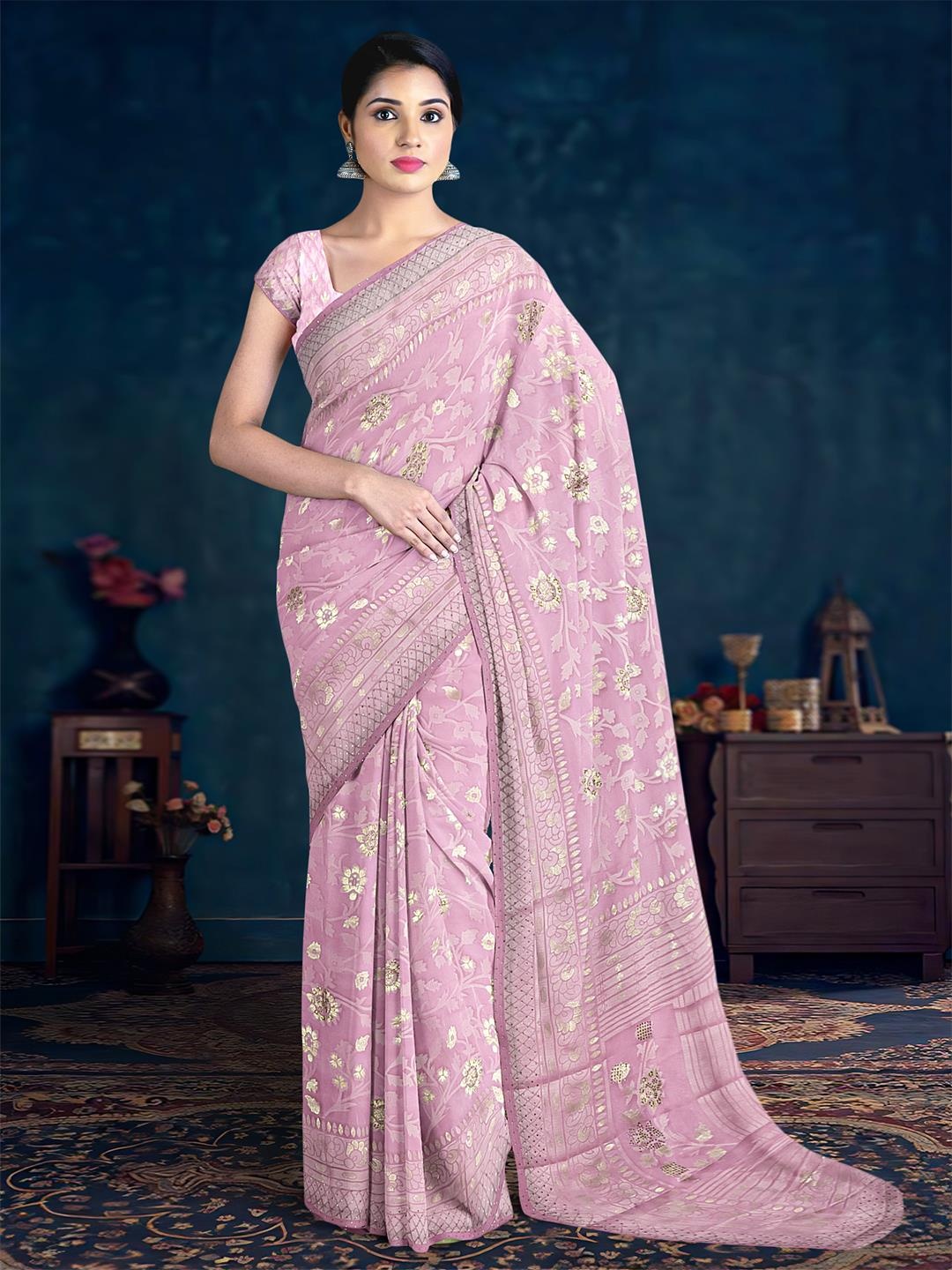 

Kalamandir Floral Embelished Woven Design Zari Saree, Pink