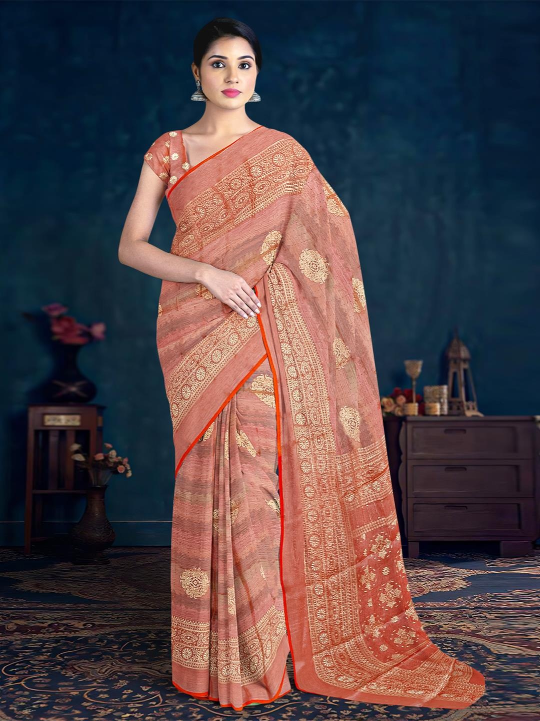 

Kalamandir Ethnic Motifs Printed Saree, Coral