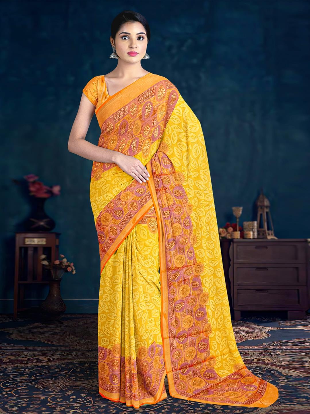 

Kalamandir Woven Design Printed Silk Blend Saree, Yellow