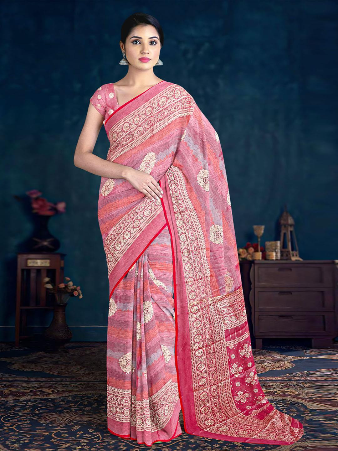 

Kalamandir Floral Printed Zari Brasso Saree, Pink