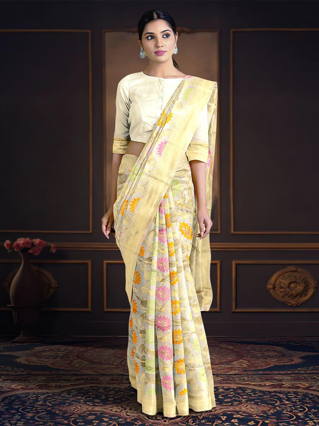 

Kalamandir Floral Woven Design Zari Banarasi Saree, Cream