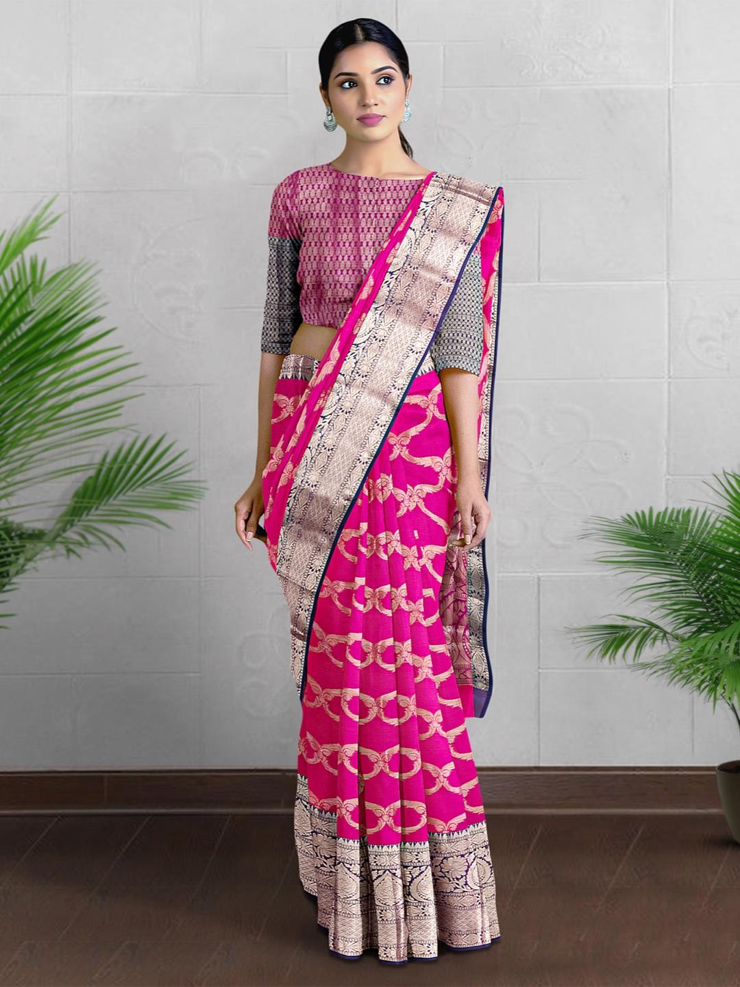 

Kalamandir Ethnic Motifs Woven Design Zari Banarasi Saree, Pink