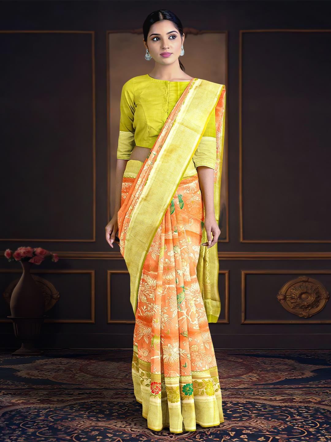 

Kalamandir Floral Printed Zari Banarasi Saree, Orange