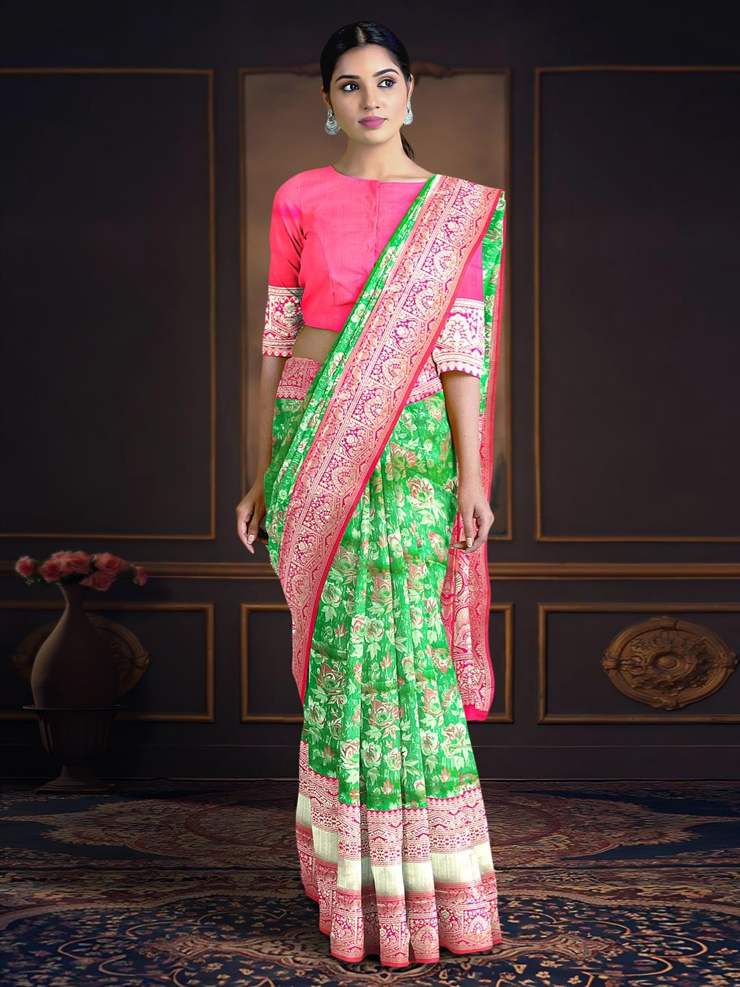

Kalamandir Floral Zari Silk Blend Banarasi Saree, Green