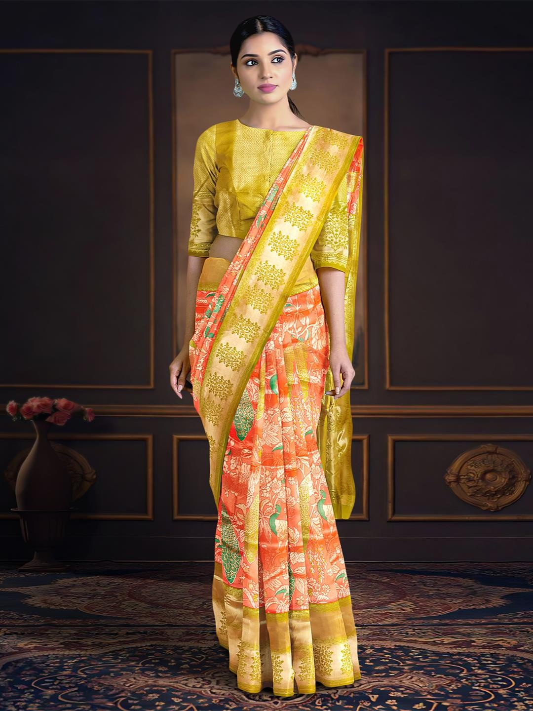 

Kalamandir Ethnic Motifs Printed Zari Banarasi Saree, Orange