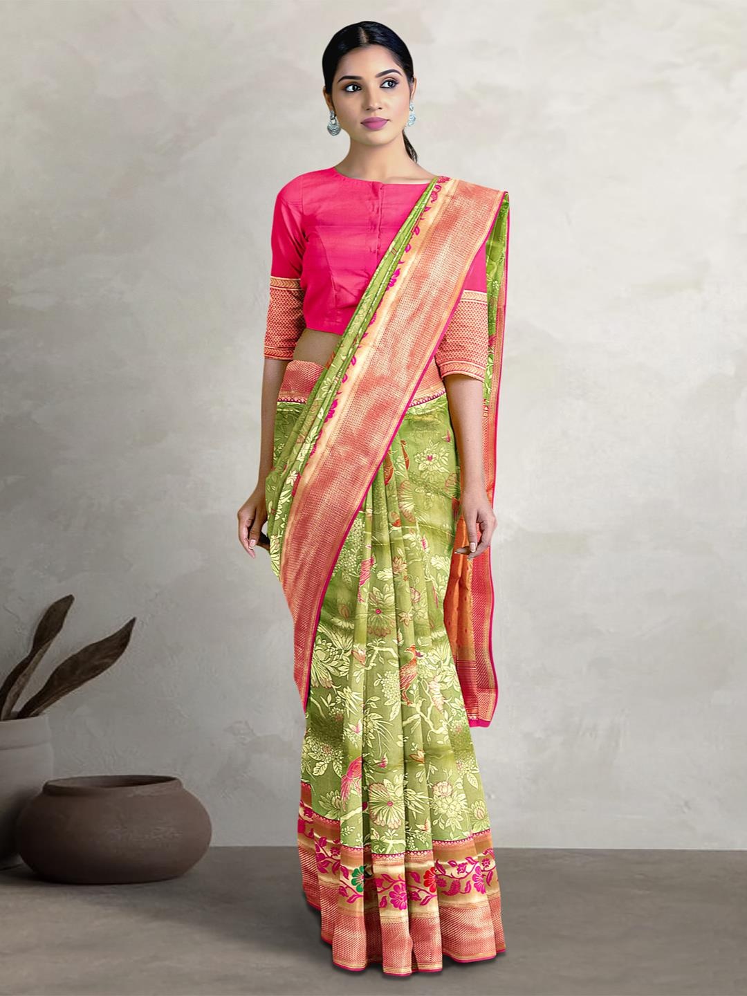 

Kalamandir Ethnic Motifs Printed Zari Banarasi Saree, Green