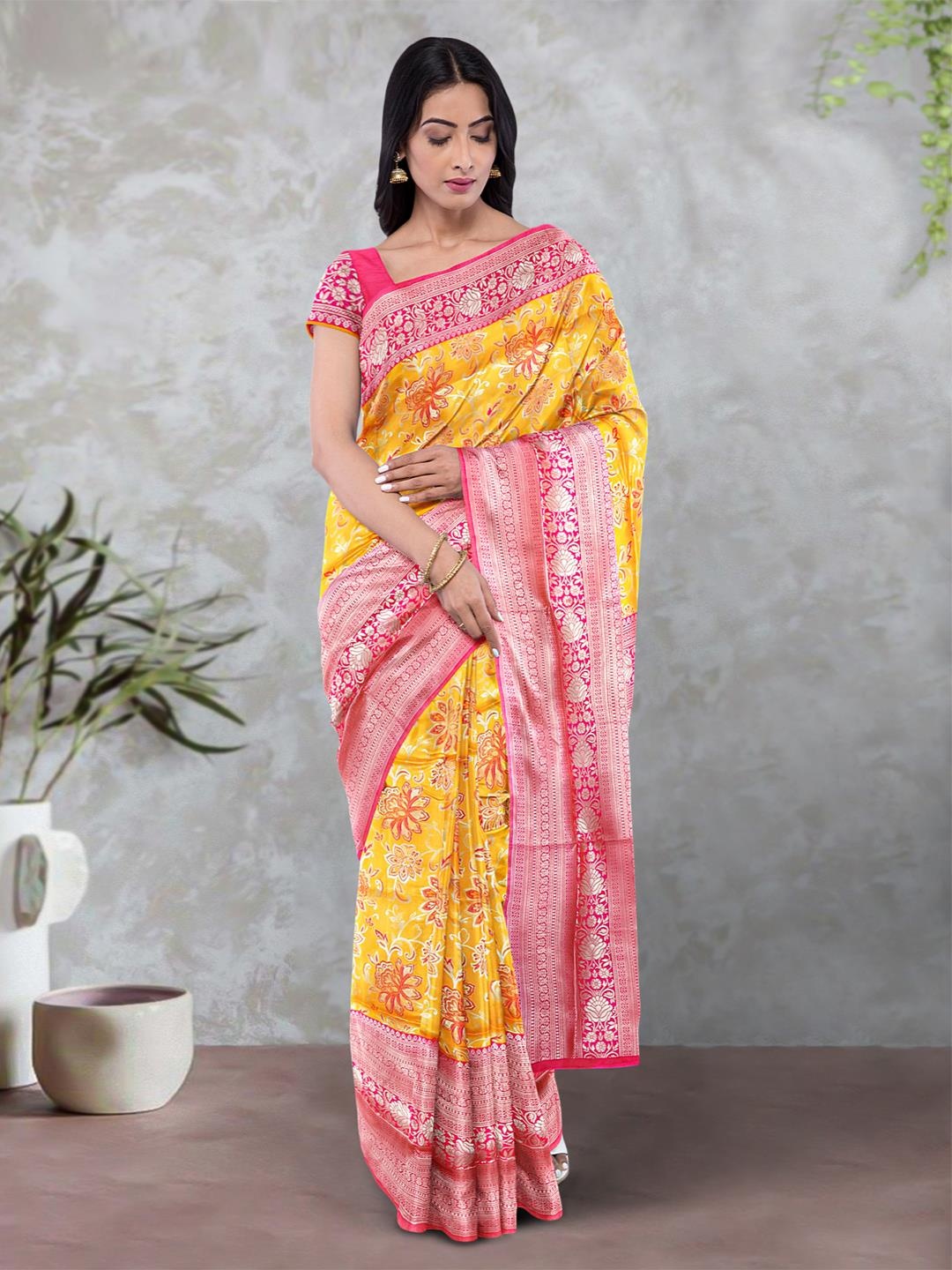 

Kalamandir Yellow & Pink Woven Design Zari Silk Blend Banarasi Saree
