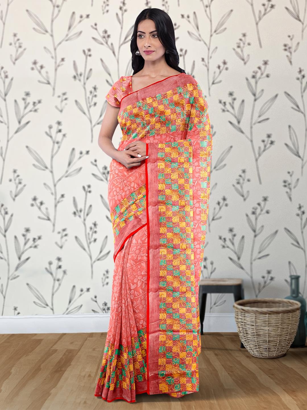 

Kalamandir Floral Woven Design Embellished Saree, Red