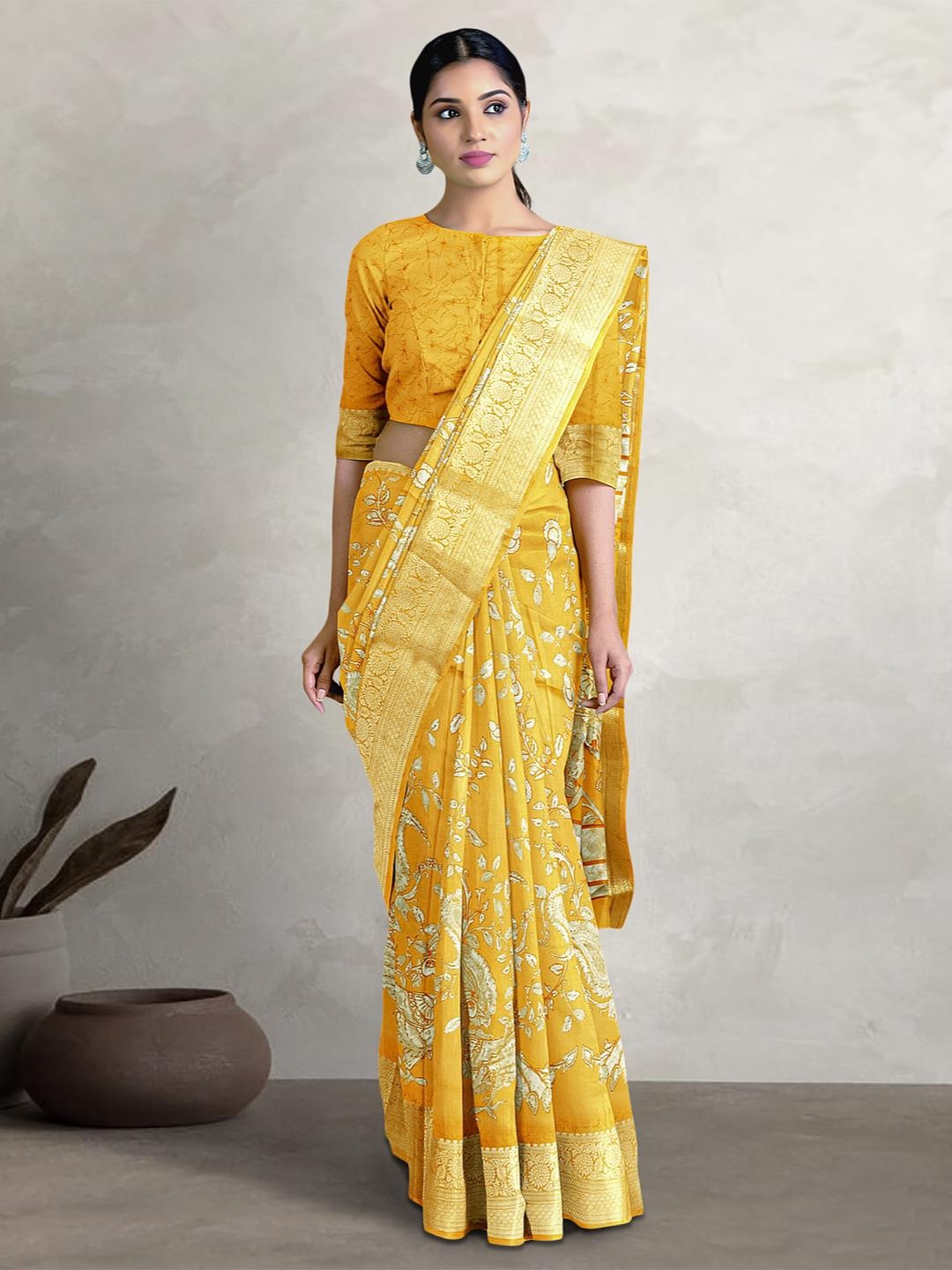 

Kalamandir Paisley Printed Zari Saree, Mustard