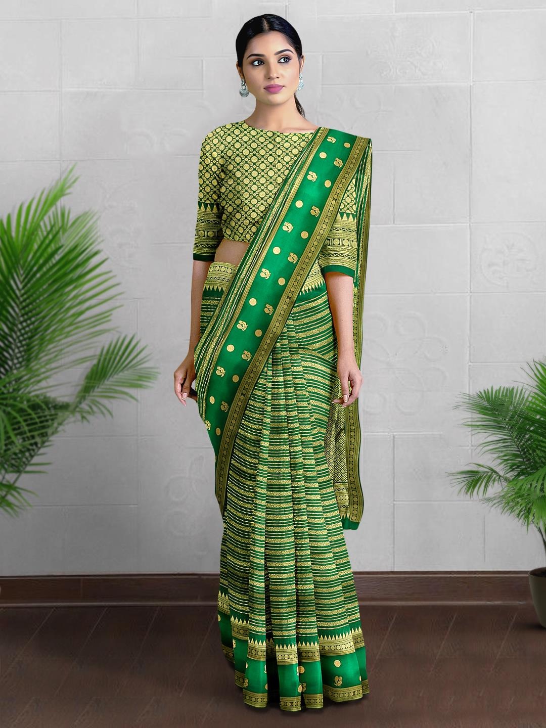 

Kalamandir Ethnic Motif Woven Design Zari Banarasi Saree, Green