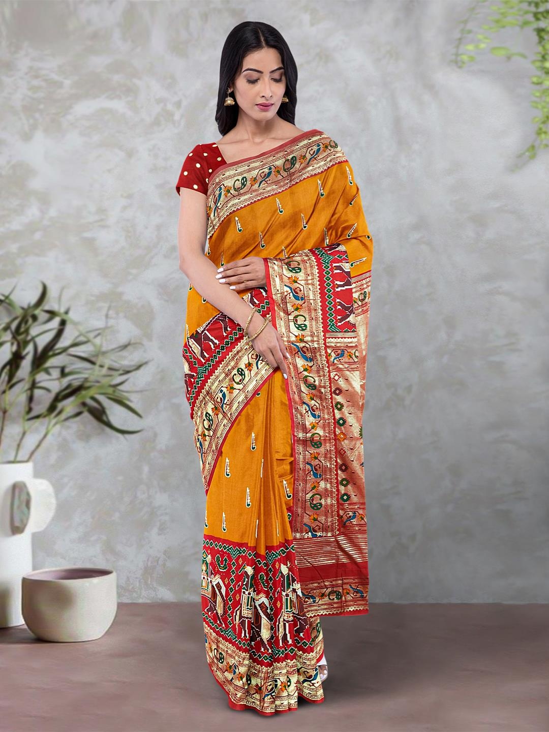 

Kalamandir Ethinic Motifs Printed Zari Saree, Mustard